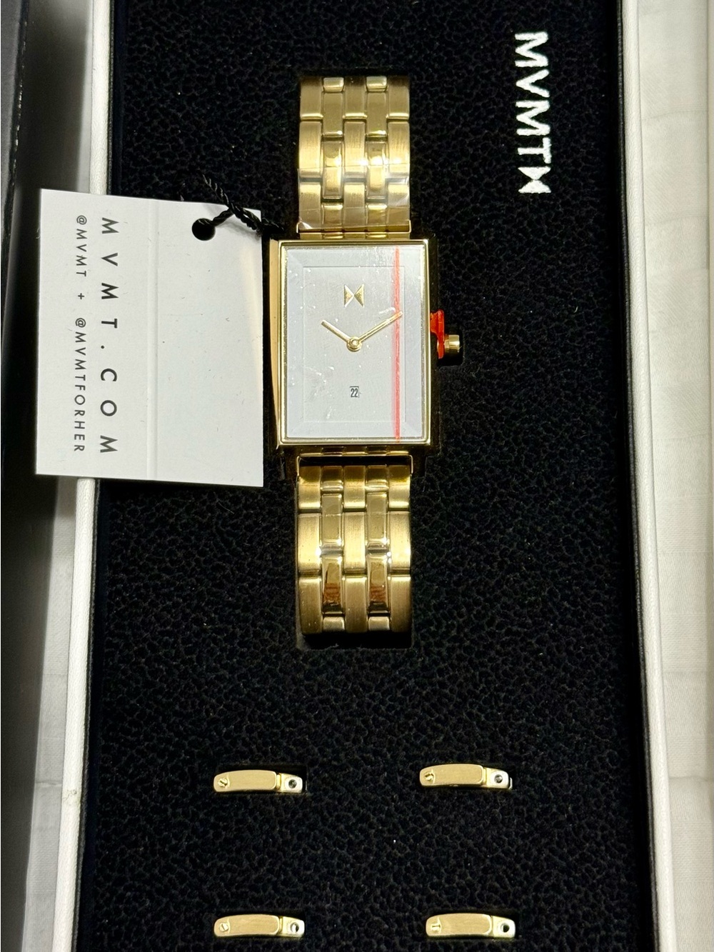 MVMT Gold Rectangular Men's Bracelet Watch with White Dial and Red Accent